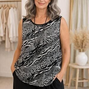 Libra Sleeveless Top L Large Black Animal Print Textured Knit Pullover Stretch